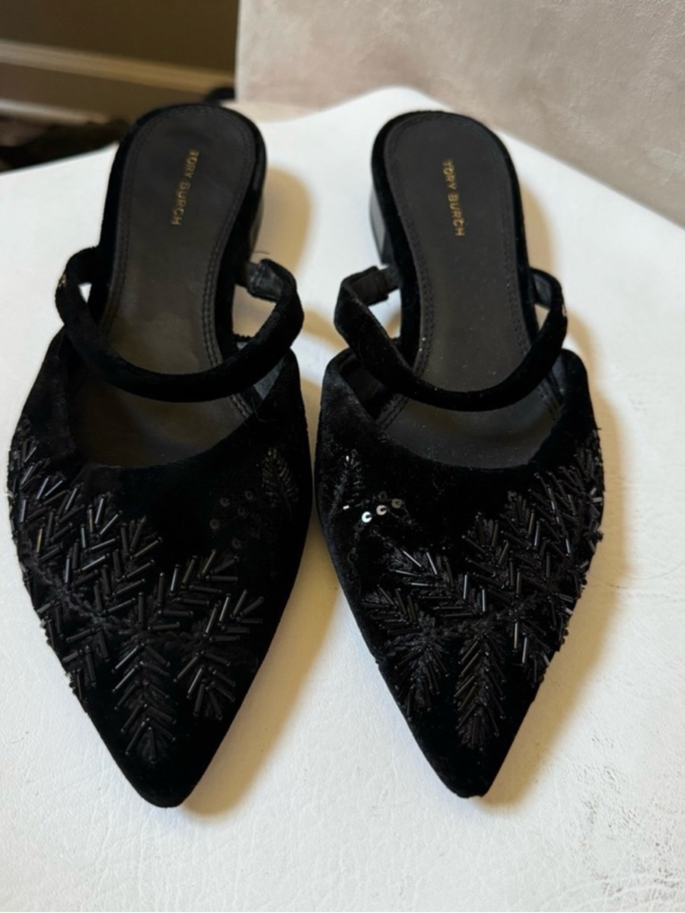 Tory Burch Black Velvet Pointed-Toe Beaded Mules - Picture 2 of 10